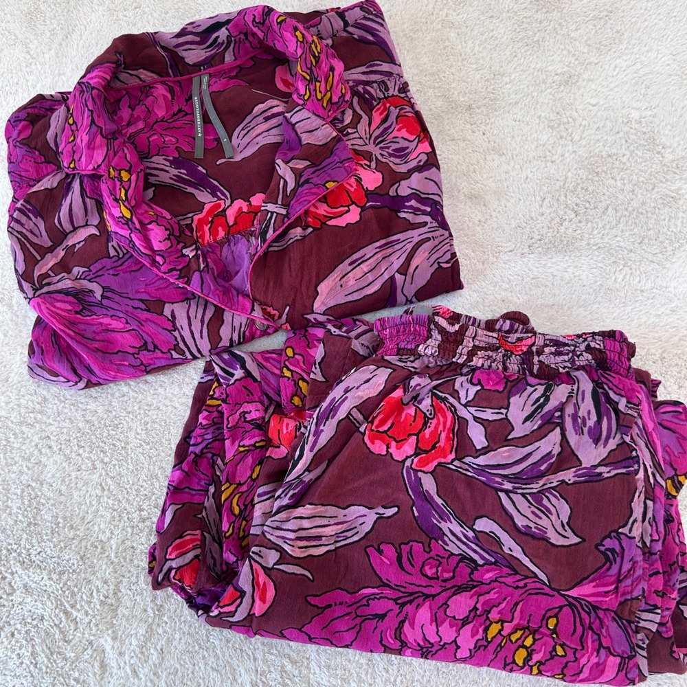 Anthropologie Marigold Pajama Set Size Small Rayon Smocked Waist Pants Top EUC!